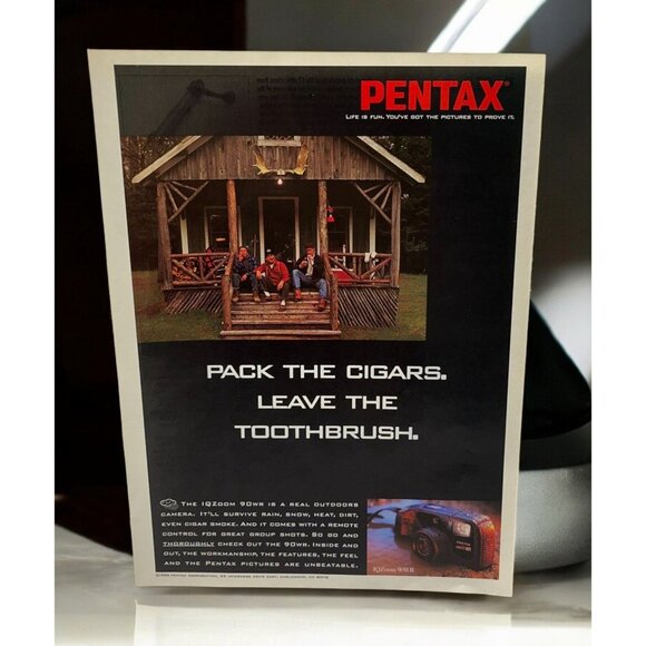 Pentax Cameras Vintage Print Ad 1990s IQZoom 90WR Hunting Trip Cabin IQZoom - Picture 1 of 6